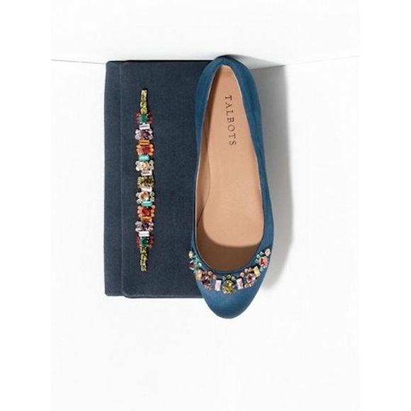 Talbots Shoes - Talbots Navy Satin Leather Jeweled Ballet Flats